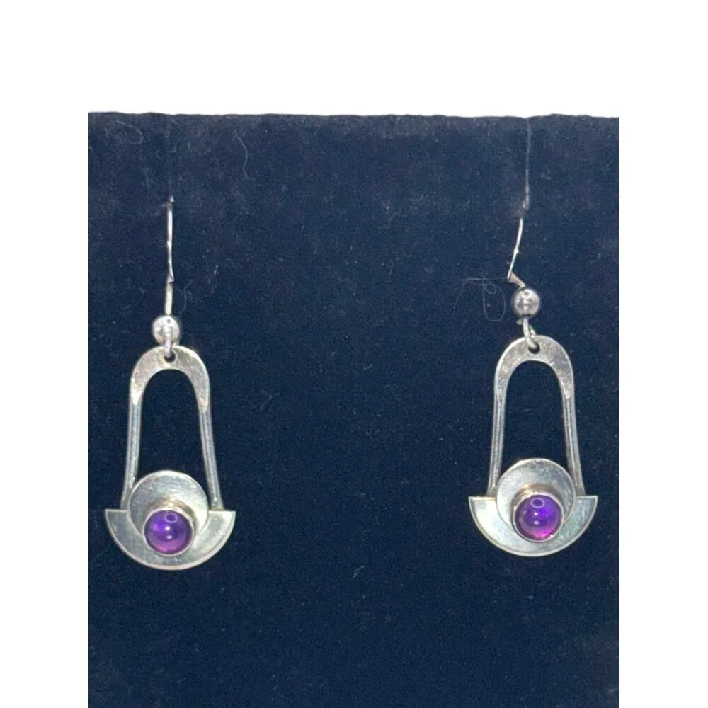 Vintage Sterling Silver & Amethyst Earrings Modernist Design - Picture 4 of 7